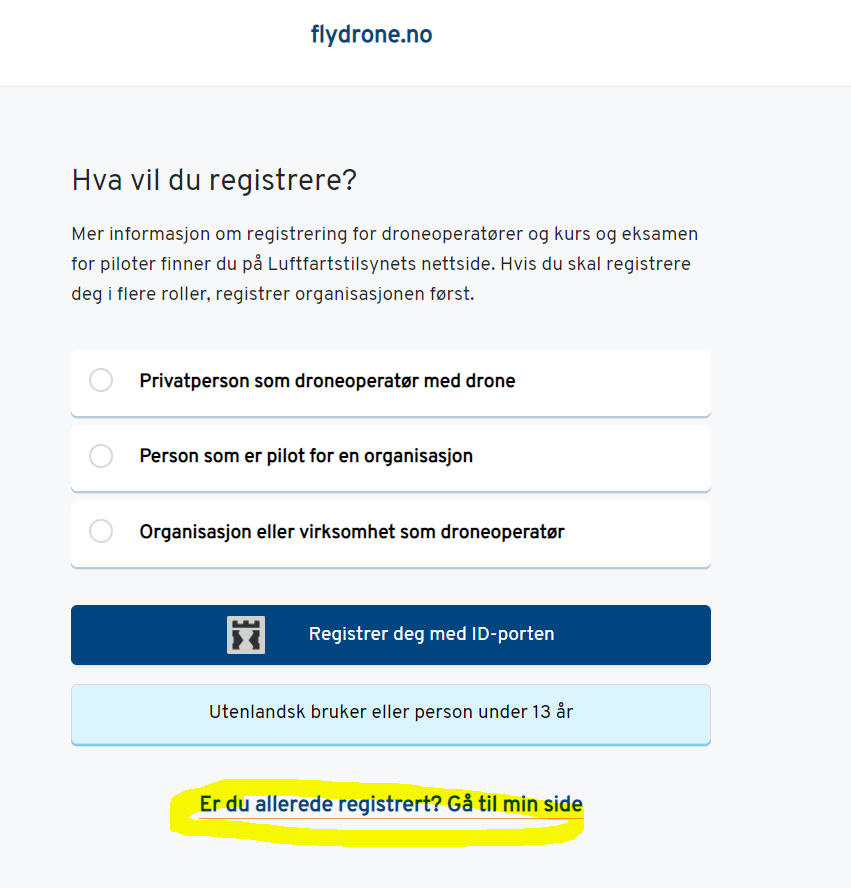 Bilde av innlogginsportal hos flydrone.no