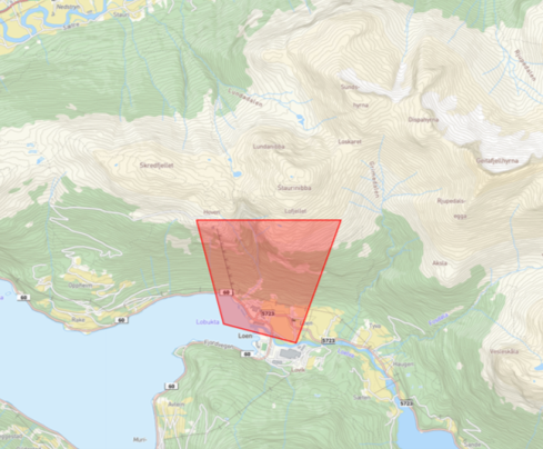 Kartutsnitt av droneforbudsomr&aring;det over Loen skylift